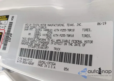 2019 Toyota Tundra Sr5 5.7L V8 z USA, uszkodzony, nr VIN 5TFUW5F13KX861857